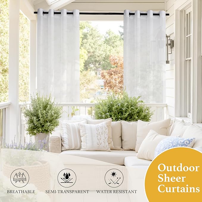 RYB HOME 2 Panels Pergola Curtains Outdoor - Linen Look Waterproof White Sheer Curtains Half Privacy Outdoor Curtains for Patio Porch Pool Hut Spa, 54 inches Wide x 96 inches Long RYBHOME