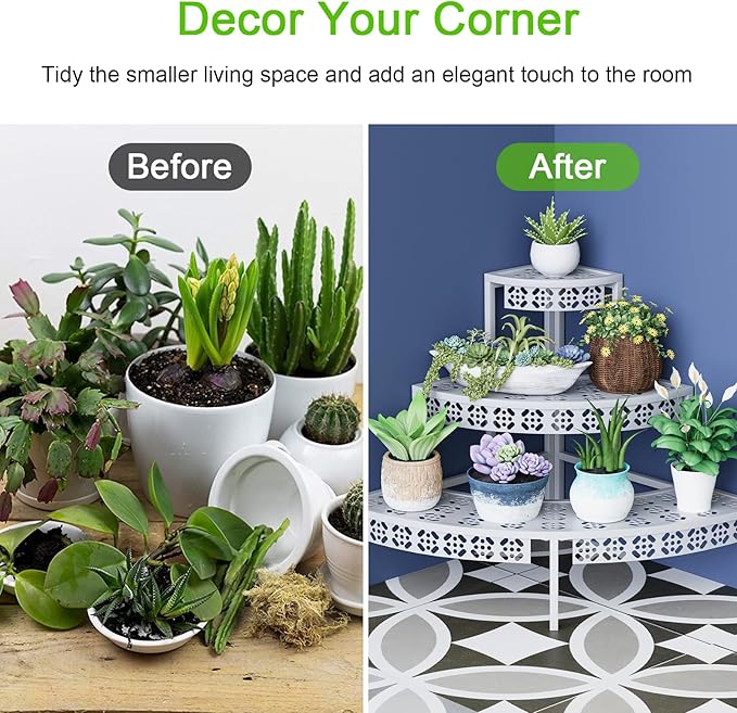 3 Tier Plant Stand Semi-Circular Flower Pot Organizer Rack Quarter Round Plant Display Holder Outdoor Storage Shelves Metal Corner Shelf Planter Shelving Ladder Plant Stand for Indoor Use(White) Garden4you