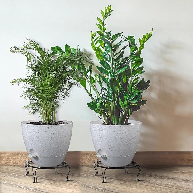 12inch 2Pack Large Self Watering Planters, Plastic Plant Pots with 60oZ Removable Deep Reservoir and Multi Mesh Drainage Holes for Indoor Outdoor Garden Plants and Flowers, White Speckles UOUZ