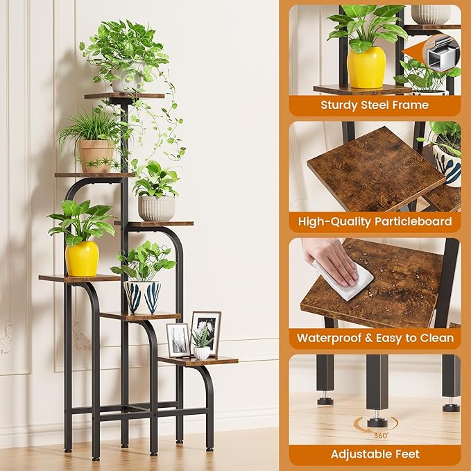 6 Tier Plant Stand Indoor, Plant Shelf for Multiple Plants, Flower Pot Holder Shelf, Planter Display Rack for Patio Garden Balcony Living Room Bedroom Decor, Rustic Brown Asgolion