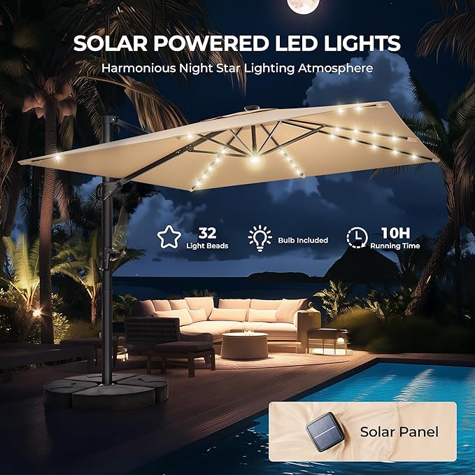 HOMSHADE 10 ft Square Cantilever Patio Umbrella with Base Included, Solar Lights Large Umbrella Outdoor Patio with 360°Rotation&Tilting, LED Lighted Offset Umbrellas w/Stand for Pool Deck HOMSHADE