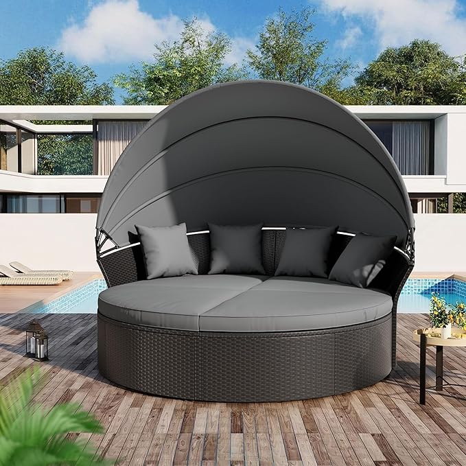 Crownland Outdoor Round Daybed with Retractable Canopy, Patio Daybed with Washable Cushions, Clamshell Sectional Seating, Black Wicker Furniture for Garden, Patio, Pool (Grey,Gray) Crownland