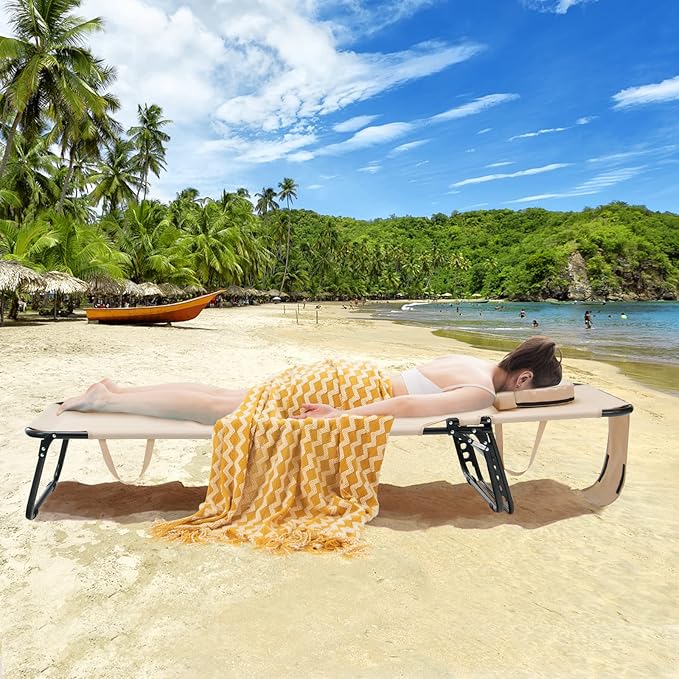 GYMAX Tanning Chair, 350lbs Beach Lounge Chair with Face Hole, Washable Pillow & Carry Strap, Adjustable Folding Chaise Lounge, Layout Lounger for Outside, Patio, Poolside, Lawn (2, Beige) GYMAX