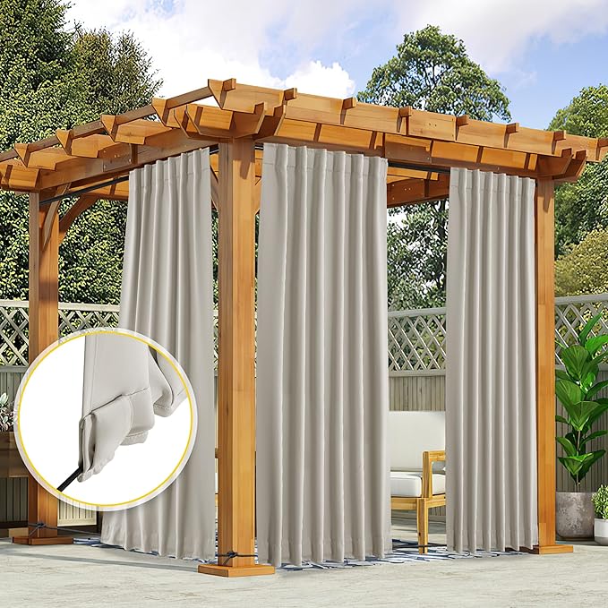NICETOWN 2 Panels Natural Gazebo Curtains Outdoor Waterproof & Windproof, Top & Bottom Rod Pocket & Back Tab Windproof Privacy Outdoor Curtains Blackout Blinds with Fixed Rope for Patio, W52 x L95 NICETOWN
