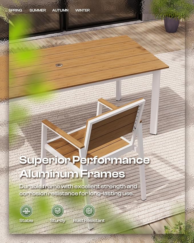 67"*32.3"*29.5" Patio Dining Table, Seamless Rectangle Aluminum + HDPS Outdoor Patio Dining Table with Umbrella Hole, Weather-Resistant for Lawn, Garden, Yard and Indoor Use (White & Teak) Oasbira