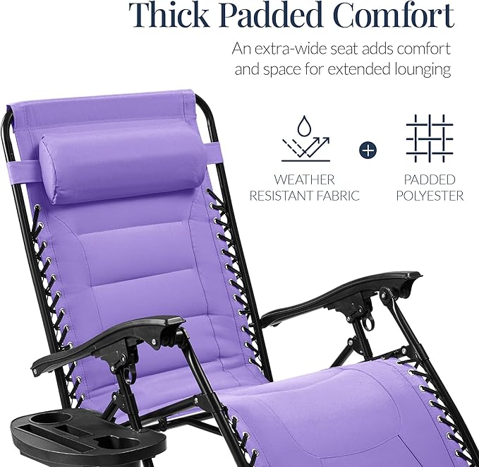 Best Choice Products Oversized Padded Zero Gravity Chair, Folding Outdoor Patio Recliner, XL Anti Gravity Lounger for Backyard w/Headrest, Cup Holder, Side Tray, Polyester Mesh - Violet BestChoiceProducts