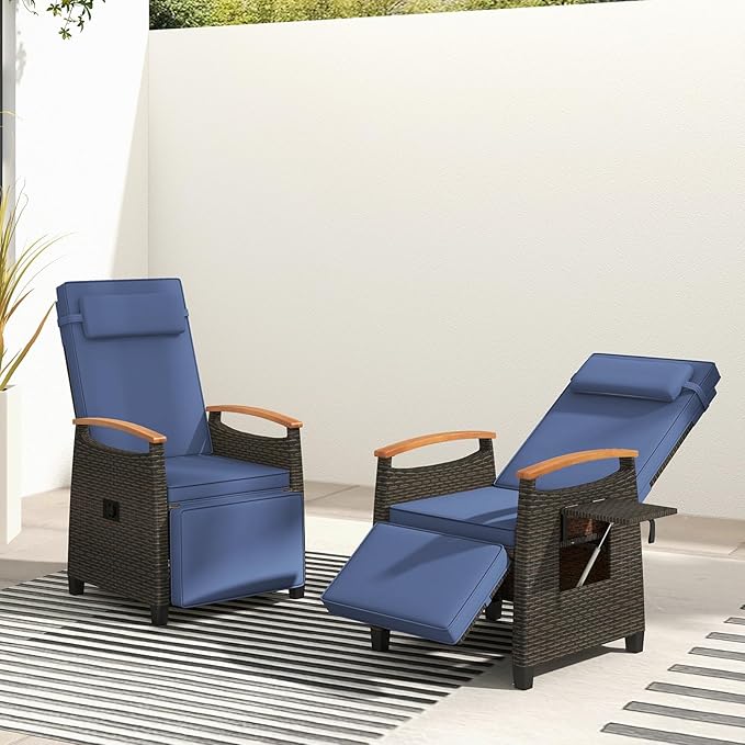 RELAX4LIFE Rattan Outdoor Recliner Chair - Wicker Chaise Lounge Chair w/Adjustable Back & Footrest, Acacia Wood Armrests, Flip Side Table, Cushion, Reclining Patio Chair for Pool Yard (1, Navy) RELAX4LIFE