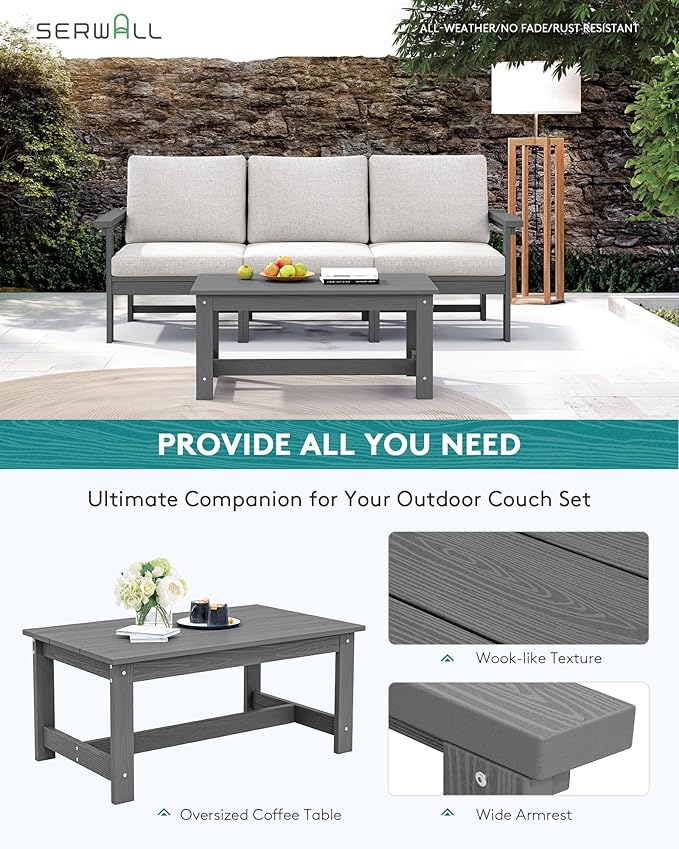 SERWALL HDPE Patio Sofa Set, 4-piece Sectional Outdoor Furniture Set, All Weather Outdoor Couch Set Patio Furniture Set for Deck, Lawn, Grey Frame with Khaki Cushion SERWALL