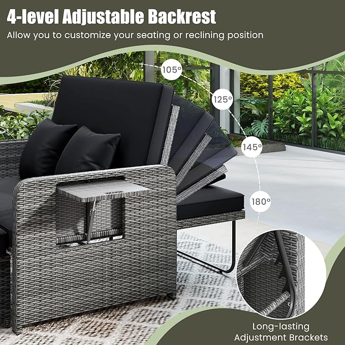 Tangkula Patio Rattan Daybed with 4-Level Adjustable Backrest, Outdoor PE Wicker Loveseat with Storage Ottoman & Folding Side Table, Double Sunbed for Balcony, Backyard & Poolside, Black & Grey TANGKULA