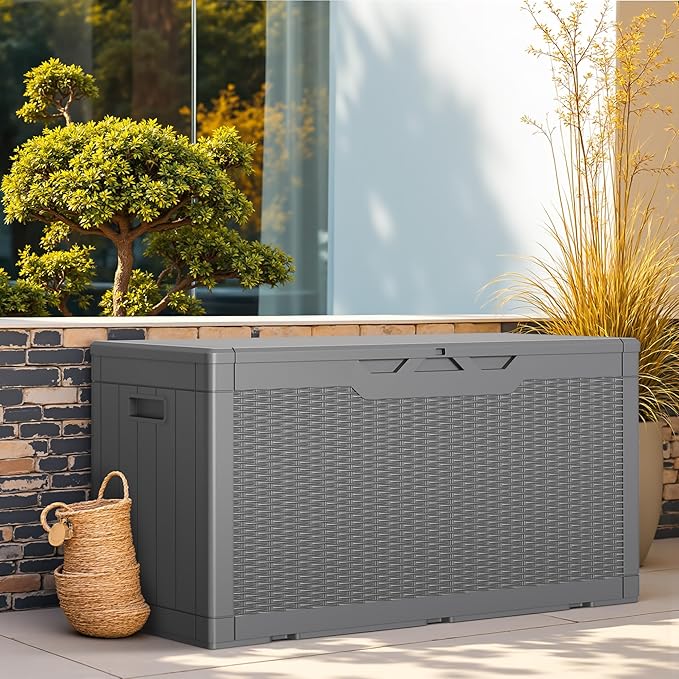 Greesum Outdoor Storage Box 100 Gallon Storage Bin with Lid for Patio Furniture, Garden Tools, Pool Supplies, Lockable, Waterproof and UV Resistant, Gray BuynowfromGreesum