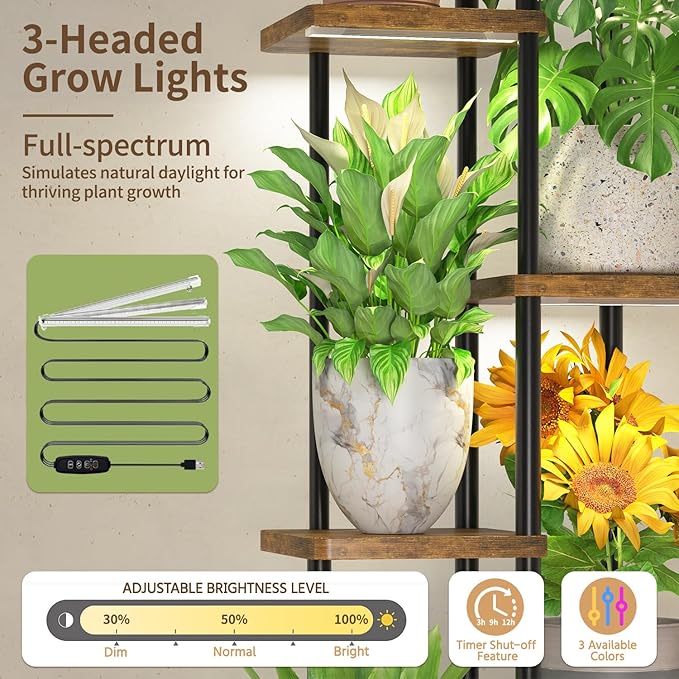 LASZOLA Black 5 Tier Wood Tall Plant Stand Indoor with Grow Lights, Large Heavy Duty Vertical Corner Rack for Multiple Planter, Sturdy Metal Rustic High Flower Shelf Holder Organizer for House Patio LASZOLA