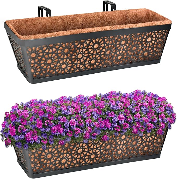 Halatool 24 Inch Window Box with Coco Liner, 2 Pack Sturdy Metal Flower Railing Planter with Coco Coir Basket Liners for Window Deck Fence Porch Balcony and Patio Outdoor Indoor Lawn HALATOOL