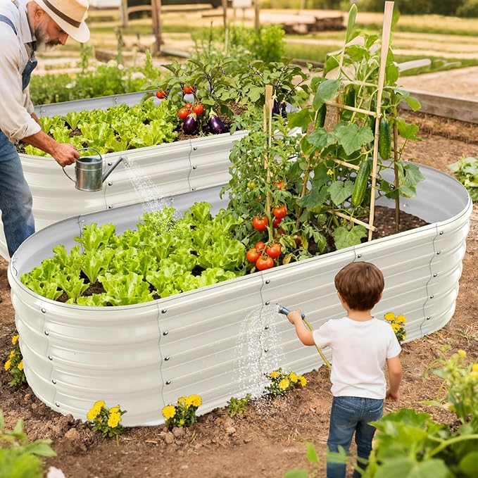 17" Tall Outdoor Garden Raised Garden Bed Kits, 5ft X 2ft Oval,0.8MM Thick Metal Raised Planter Bed/Ground Planter Box for Variety of Flowers,Herbs,Vegetables (Cream White, 60X24X16.5 Inches) YSEJOMP