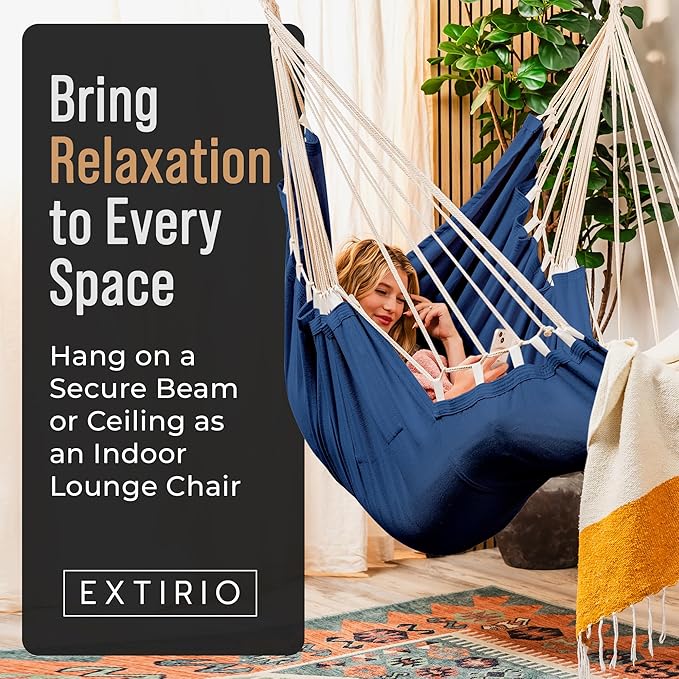 Hanging Hammock Chair Swing – Hanging Chair Outdoor & Indoor - Hammock Swing Chair – Quick & Easy Setup with Hardware Kit – Durable & Spacious Full Body Support – Holds 440 Lbs EXTIRIO