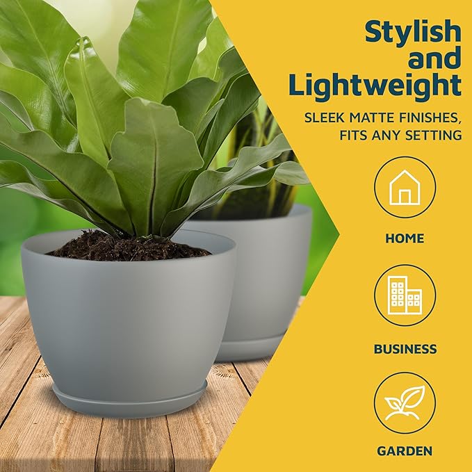 Gray Plant Pots with Drainage Holes & Saucers 3 Pack, Indoor & Outdoor Stackable Space-Saving Planters for Houseplants & Flowers, (7", 6.7", and 6" Inches), Durable & Weatherproof Materials LIFEMASTER