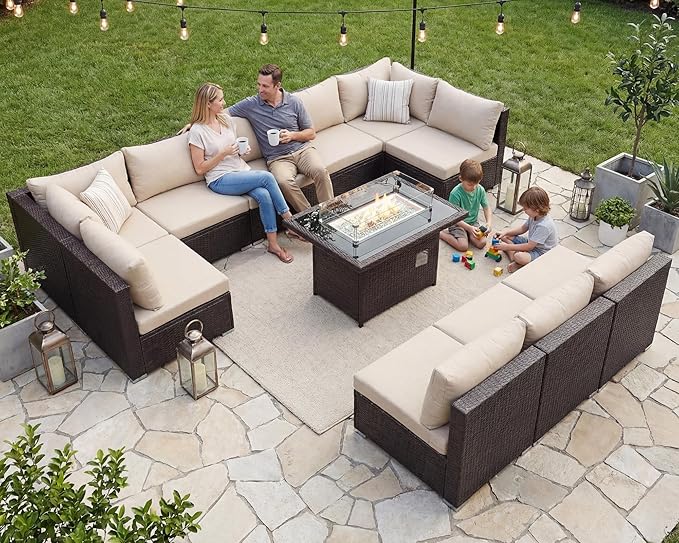 NICESOUL Modern Luxury Outdoor Patio Sectional Furniture Set with Fire Pit Table, Large Size PE Brown Wicker 29.3'' High Back Conversation Set with Natural Gas/Propane Fireplace, 11 Pieces 10 Seats NICESOUL