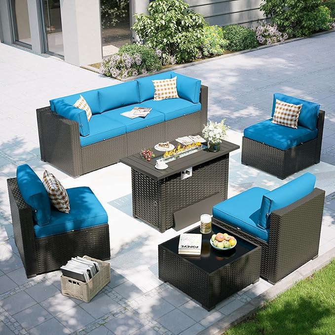 Aoxun Patio Furniture Set with Fire Pit Table, 8 Piece Outdoor Sectional Sofas, Wicker Rattan Outdoor Furniture with Thickened Cushion for Backyard, Garden Peacock Blue Aoxun