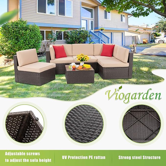 Vongrasig 6 Piece Patio Furniture Set, Small Outdoor Sectional Sofa Couch, All Weather PE Wicker L-Shaped Corner Patio Sofa Garden Backyard Patio Conversation Set w/Glass Table, Beige Vongrasig