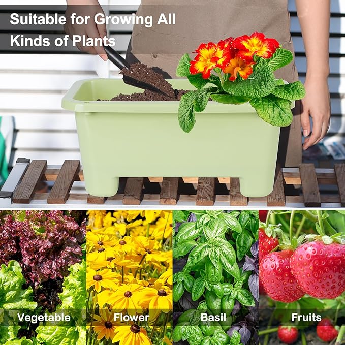 Self-Watering Rectangle Planter Boxes 8-Pack, 15.7-Inch Window Box Planter with Drainage Holes & Trays, Pots for Vegetables, Herbs, Flowers, Garden Windowsill Balcony (Light Green) Oliz