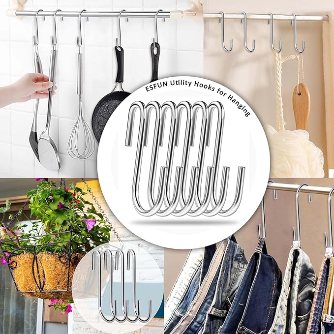 30 Pack 2.4 inches Heavy Duty S Hooks for Hanging, Pan Pot Holder Wire Shelves Rack Hooks for Hanging, S Shaped Hanger Metal Hooks for Kitchen Pots Utensils Jeans Clothes Bags Hats Towels Plants ESFUN