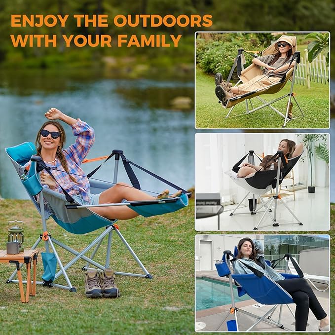 KingCamp Hammock Chair with Footrest – Heavy Duty Swinging Rocking Camping Chairs for Adults up to 400lbs, Folding Portable Oversized Rocker with Cup Holder & Pillow for Outdoor Beach Lawn RV Sports KingCamp