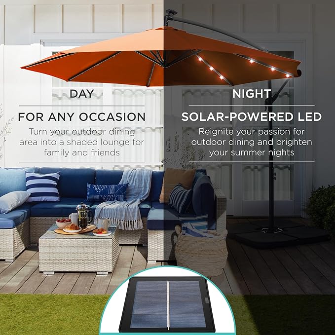 Best Choice Products 10ft Solar LED Offset Cantilever Hanging Market Patio Umbrella, 8 Sturdy Ribs, Easy Adjustment - Orange BestChoiceProducts