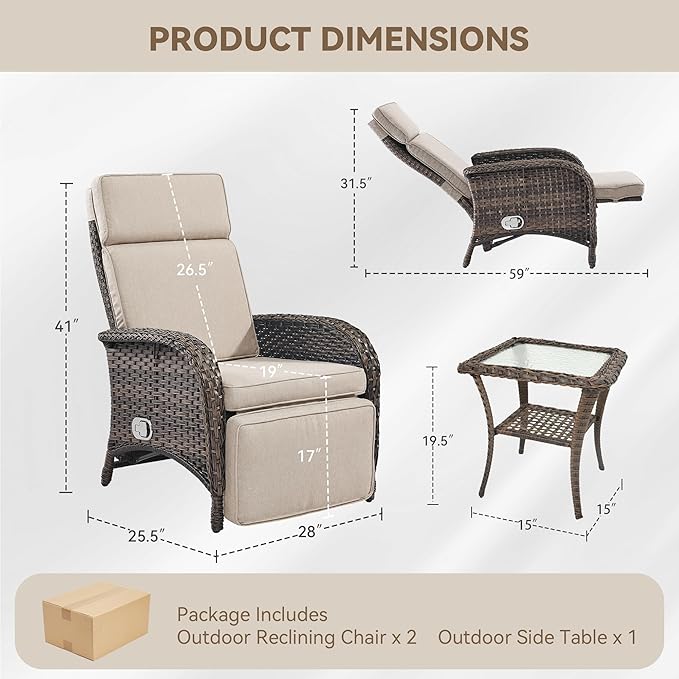 3 Pieces Zero Gravity Wicker Patio Recliner Chairs Set of 2 - Wicker Outdoor Lounge Chair with Side Table, Adjustable Backrest & Footrest, High Back Outdoor Recliner Chair for Pool Deck Beige JelwalyPatioFurnitureSet