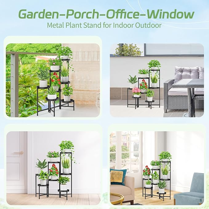 iDavosic.ly Plant Stand Indoor Outdoor, 7 Tier Corner Metal Flower Display Holder Shelf, Easy Assembly Folding Tall Orchid Rack for Patio Balcony Porch Garden Living Room House, Black iDavosicly