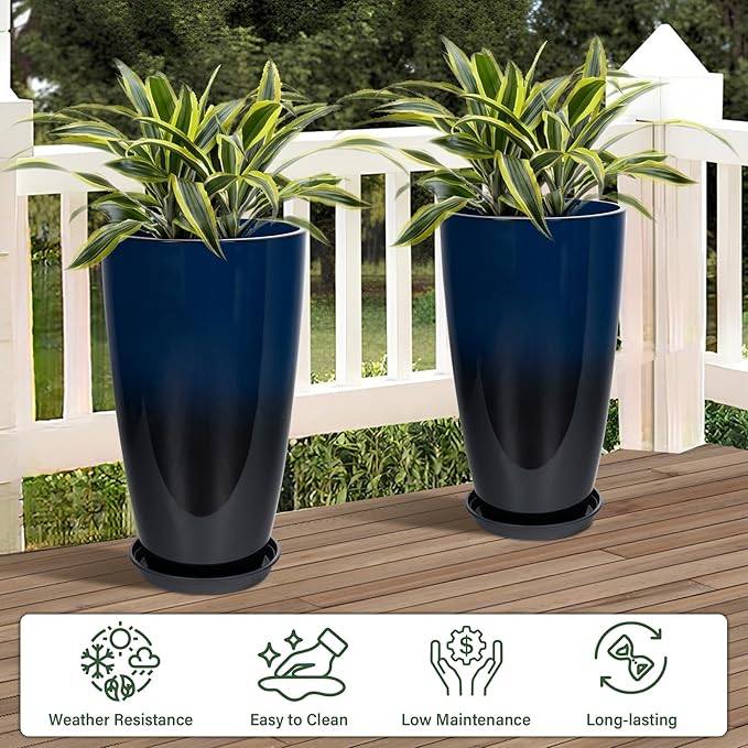 Set of 2 Lightweight Ceramic-Look Tall Planter, 21 inch Large Plastic Planter with Drain Hole & Saucers, Large Outdoor Planters for Porch, Garden, Patio, Balcony(Dark Blue) Neoaider