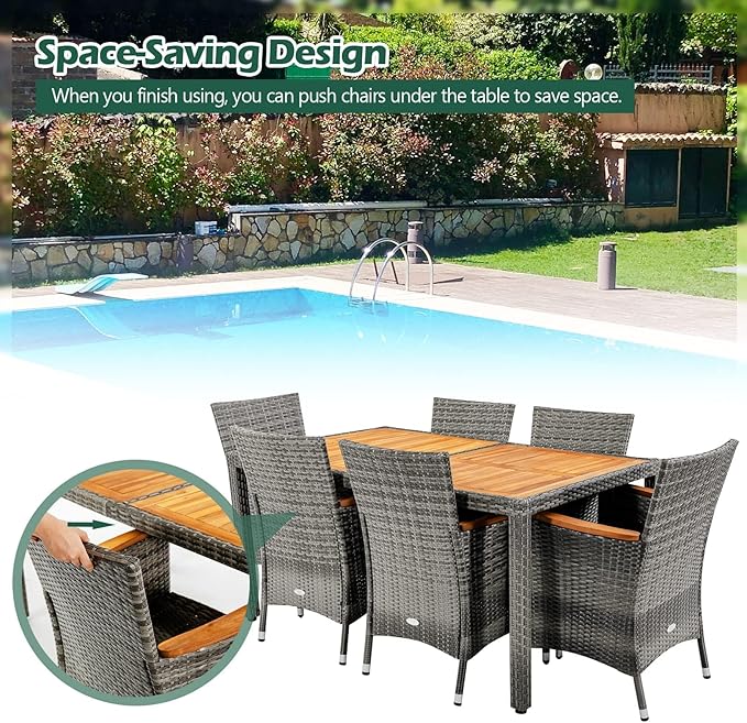 Tangkula 9 Piece Rattan Outdoor Dining Set with 13Ft Umbrella for 6, Outdoor Wicker Table Set with 6 Cushioned Armchairs, Acacia Wood Top, Outdoor Umbrella & with Base Included TANGKULA