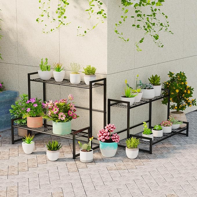 Garden 4 you 4 Tier Stair Style Large Metal Plant Stand Stackable, Garden Display Shelf Flower Pot Holder Storage Organizer Rack for Indoor Home Outdoor Patio Balcony Yard( Black,Rectangle) Garden4you