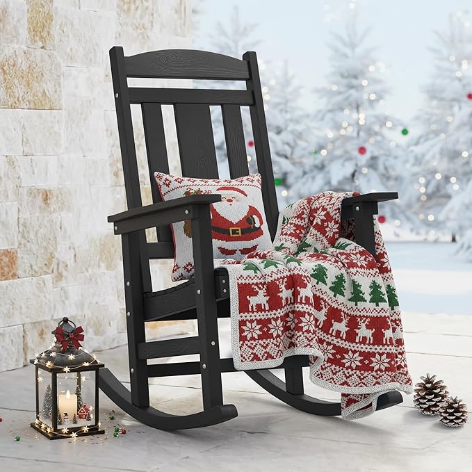 LUE BONA Rocking Chair Outdoor, Weather Resistant Poly Plastic Rocker Chairs, 350lb Heavy Duty, Oversized Porch for Adult, High Back Smooth Chairs Outdoor & Indoor, Black LUEBONA