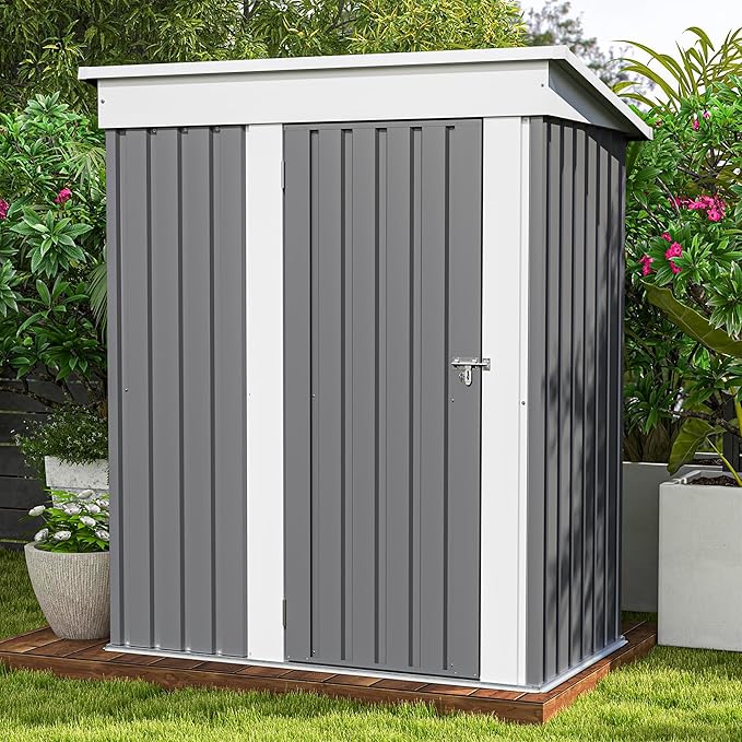 Patiowell 5x3 FT Outdoor Storage Shed, Garden Tool Shed with Sloping Roof and Lockable Door, Metal Shed for Backyard Garden Patio Lawn, Gray Patiowell
