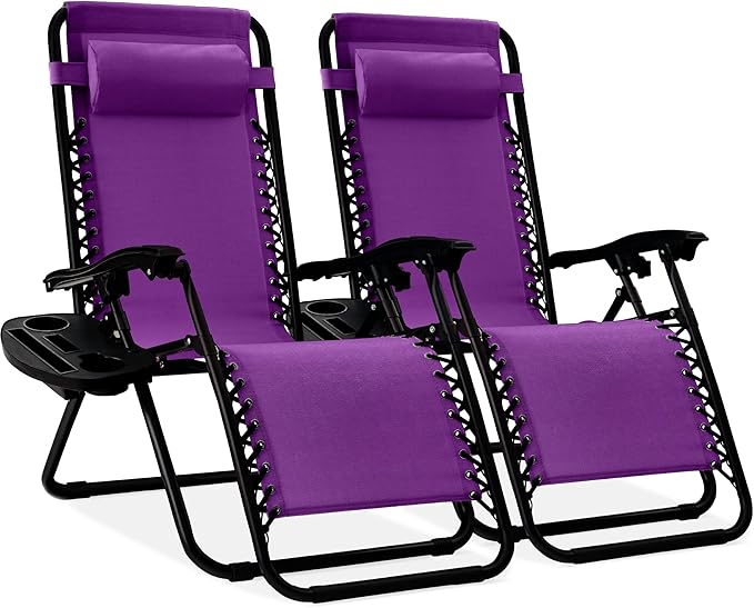 Best Choice Products Set of 2 Adjustable Steel Mesh Zero Gravity Lounge Chair Recliners w/Pillows and Cup Holder Trays - Amethyst Purple BestChoiceProducts