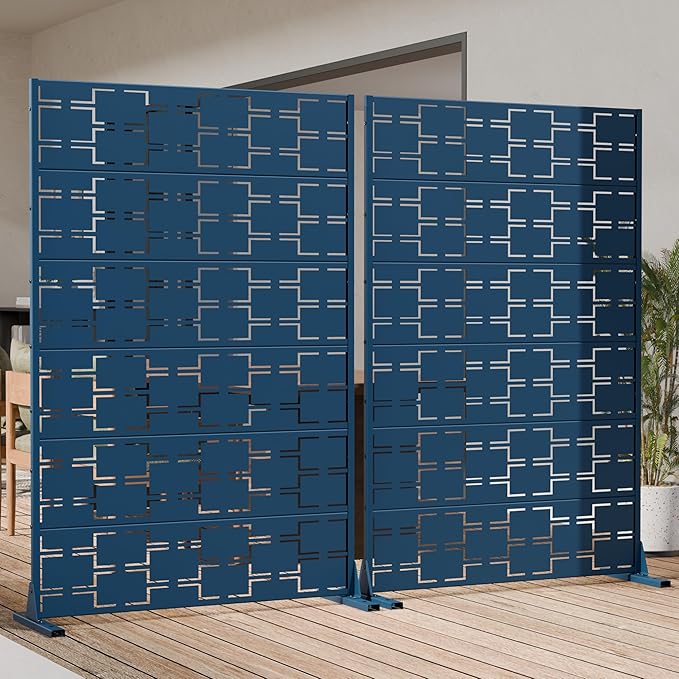 Casaphoria Metal Privacy Screen Outdoor, 72" H x 47" W Freestanding Decorative Privacy Screen for Patio Deck Balcony Garden with Stable Base, Blue-Square Casaphoria