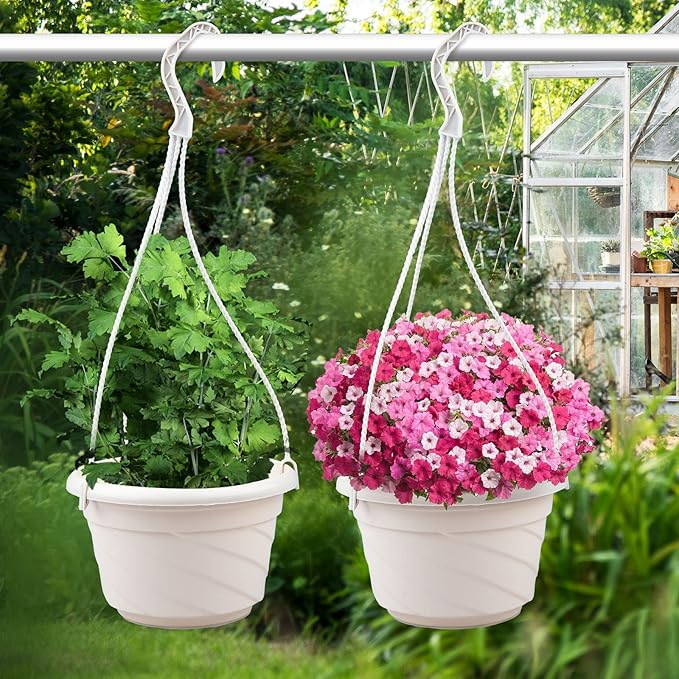 VIDELLY 4 Pieces Plastic Hanging Planters, 5.9 in Dia x 3.54 in H, Flower Plant Basket Pots Chain Holder Garden Decoration for Indoor and Outdoor Use, Beige White & Red VIDELLY