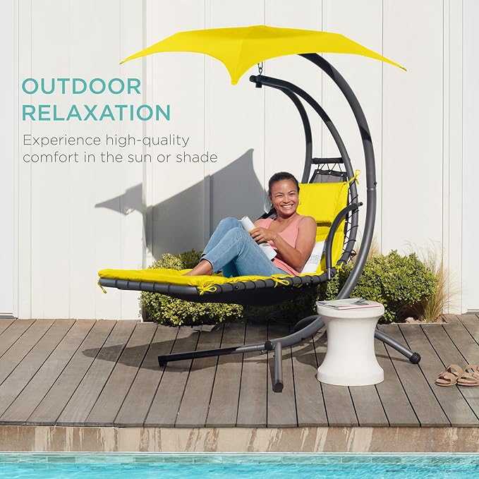 Best Choice Products Outdoor Hanging Curved Steel Chaise Lounge Chair Swing w/Built-in Pillow and Removable Canopy - Yellow BestChoiceProducts
