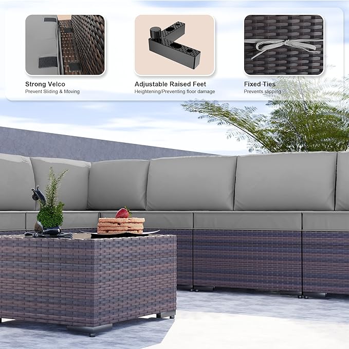 Kullavik 9 Pieces Outdoor Patio Furniture Set PE Wicker Rattan Sectional Sofa Patio Conversation Sets,Grey KULLAVIK