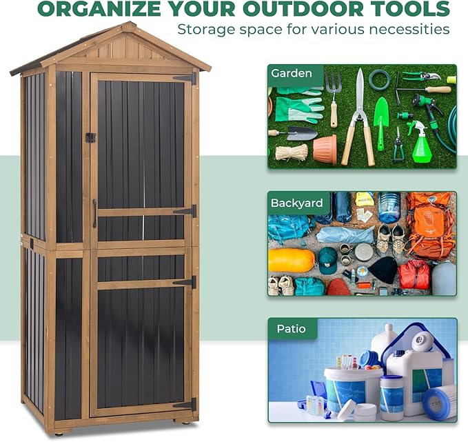 Large Outdoor Storage Cabinet with 4 Shelves, Wood Outdoor Storage Shed with Weatherproof Roof, Lockable Doors, Tall Outdoor Patio Cabinets for Garden Tool and Accessories, Brown MAGAZOOPET