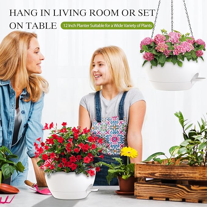 12 Inch Hanging Baskets 2 PC with Chains, Self-Watering Hanging Planters for Indoor Outdoor Plants, Plastic Hanging Flower Pots,White SQKH