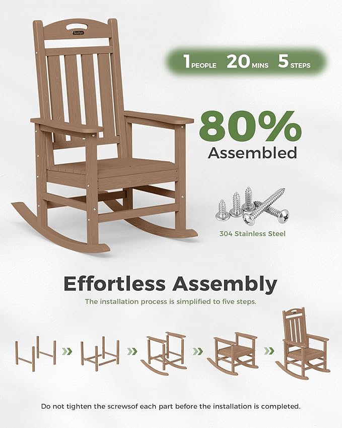 Oversized Outdoor Rocking Chairs Set of 4, High Back Porch Rocker Chair, HDPE All Weather Resistant Rocking Chairs for Patio,380lbs Weight Capacity, Teak Suunyn