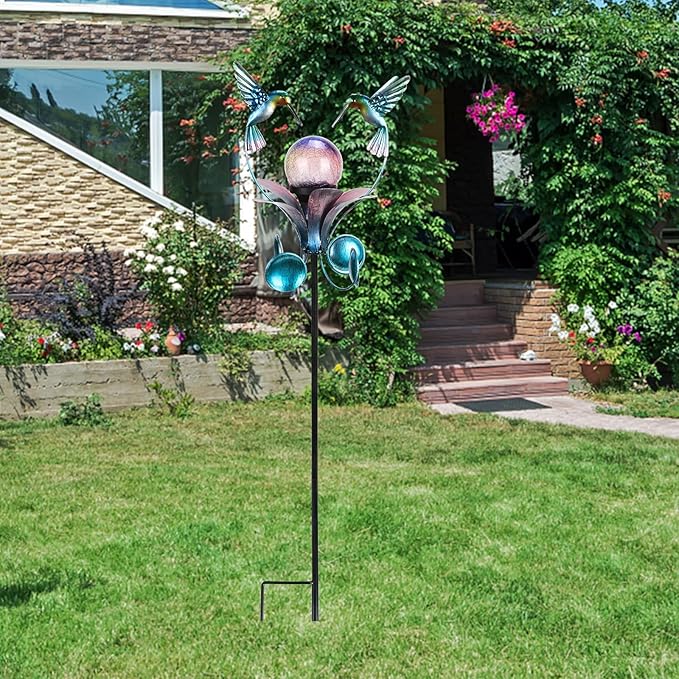 VCUTEKA Solar Lights Outdoor Metal Garden Stake Waterproof Crackle Glass Globe Garden Decor Hummingbird for Pathway, Lawn, Patio, Yard VCUTEKA