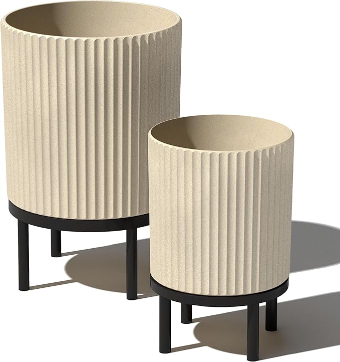 Veradek Demi Series Round Planter w/Stand for Porch/Patio | Durable Plastic-Stone Composite & Wooden Stand | Modern Décor for Tall Plants, Flowers VeradekOutdoor