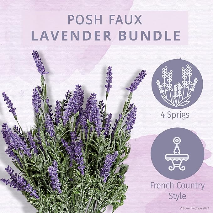 Butterfly Craze Lavender Artificial Flower Stems - UV-Protected Outdoor Artificial Plants - Plastic Flowers for Outdoors - Floral Picks for Weddings & Centerpieces - 4 Pack, 14.5"-16.5" ButterflyCraze