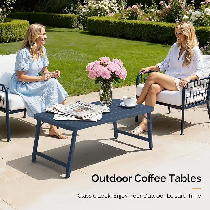 VINGLI Outdoor Folding Coffee Table, Rectangle Drainable Iron Patio Table for Balcony, Porch, and Living Room, Blue VINGLI