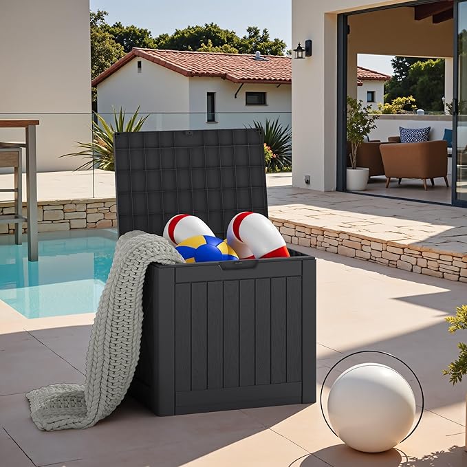 JUMMICO 42 Gallon Deck Box Waterproof, Resin Outdoor Storage Box with Side Handles, Outdoor Storage Benches Lockable for Patio Cushions and Garden Tools (Black) JUMMICO