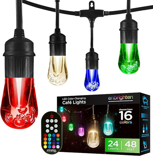 Enbrighten Vintage Outdoor String Lights, 48ft, 24 RGB Acrylic Bulbs, Weatherproof, RF Remote Control, Perfect for Holidays, Gameday, Parties, and More, 37790 Enbrighten