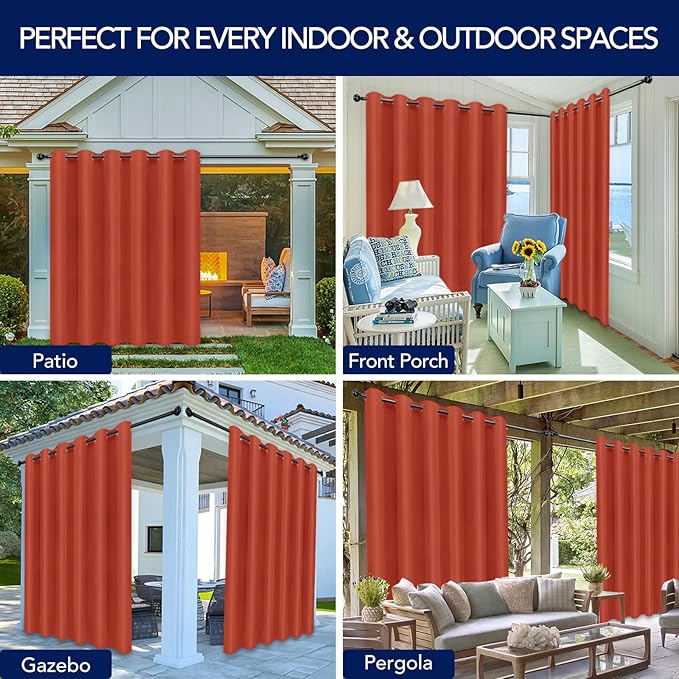 PureFit Outdoor Curtains for Patio Waterproof Weatherproof, UV Resistant Outside Curtains for Gazebo, Front Porch, Pergola, Sun Blocking Privacy Curtain, 100W x 120L inch, 1 Panel, Red Clay PureFit