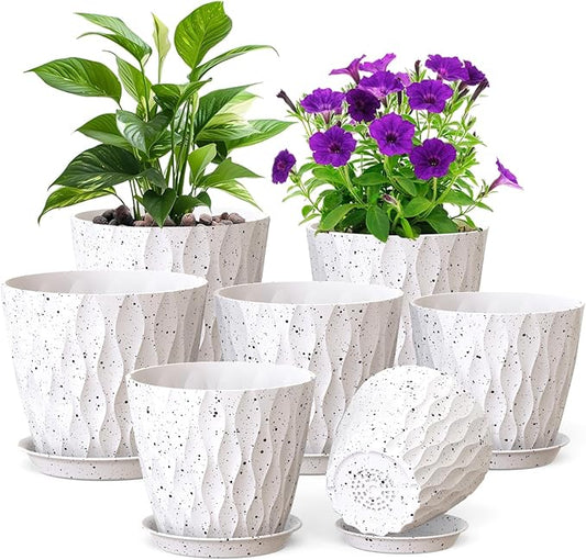 7/6.5/6/5.5/5/4.5/4 inch Plant Pots for Indoor Outdoor Plants, 7 Pack Thick Flower Pots with Drainage Holes and Saucers, Modern Wave Texture Plastic Planters Nursery Pots, Speckled White Meowell