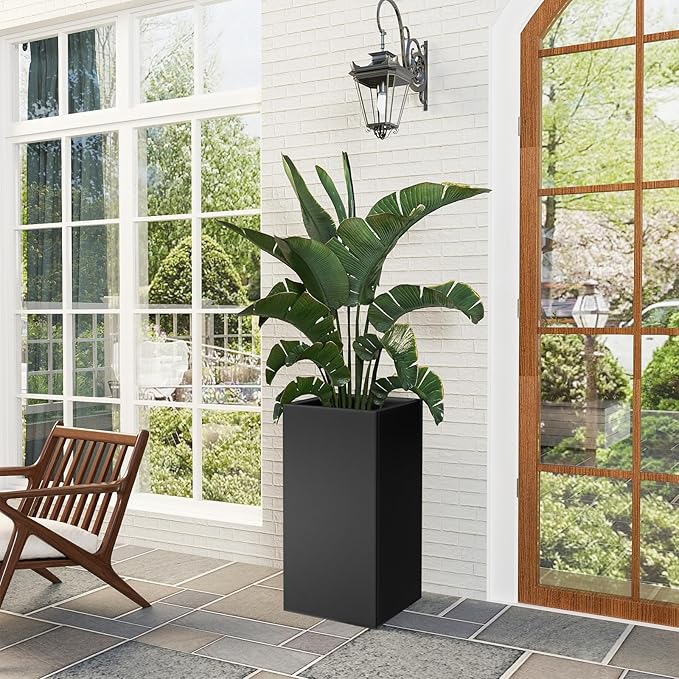 Tall Metal Planter Box for Outdoor Plants 15" L x 15" W x 30" H 2 Pack, Heavy Duty Steel Planter Box with Removable Insert Shelf, Rectangular Planters for Porch, Garden, Yard, Hotel (Black) Rootora
